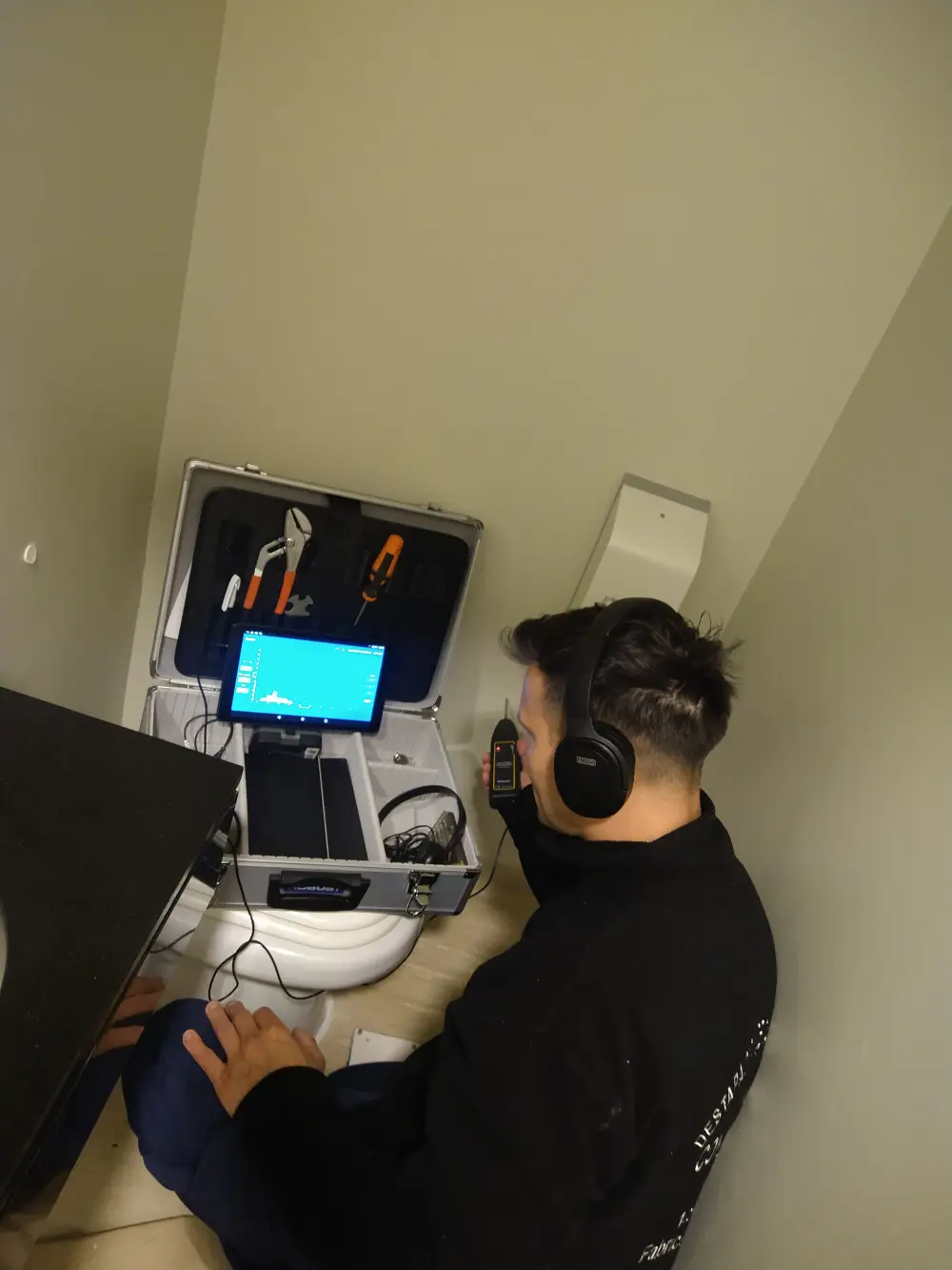 Técnico utilizando geófono para detección de fugas de agua sin romper